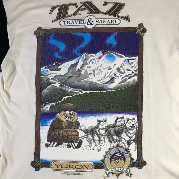 Taz Looney Tunes 1994 Warner Bros Travel Safari Vintage Button Off White T Shirt - Picture 6 of 14